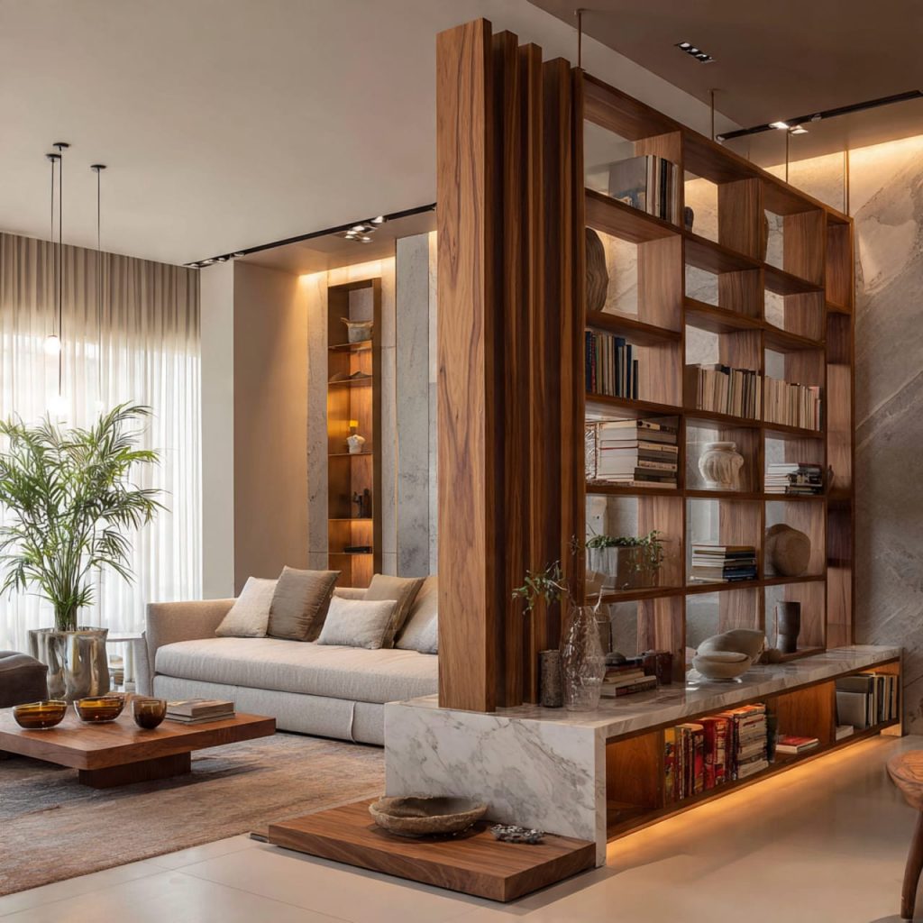 Wood Partition Combined with Display Shelves Luxurious and Practical