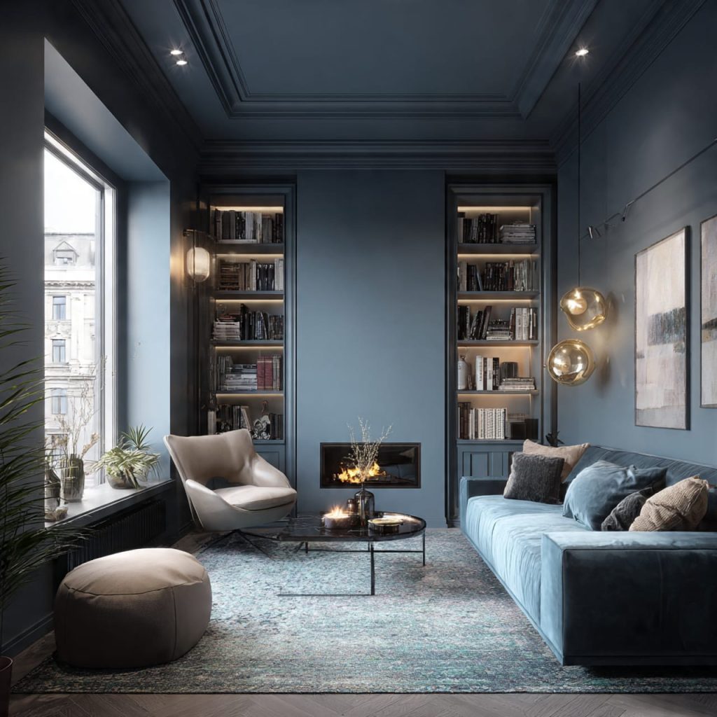 Small modern living room with color drenching technique in deep neutral tones creating a luxurious boutique hotel atmosphere