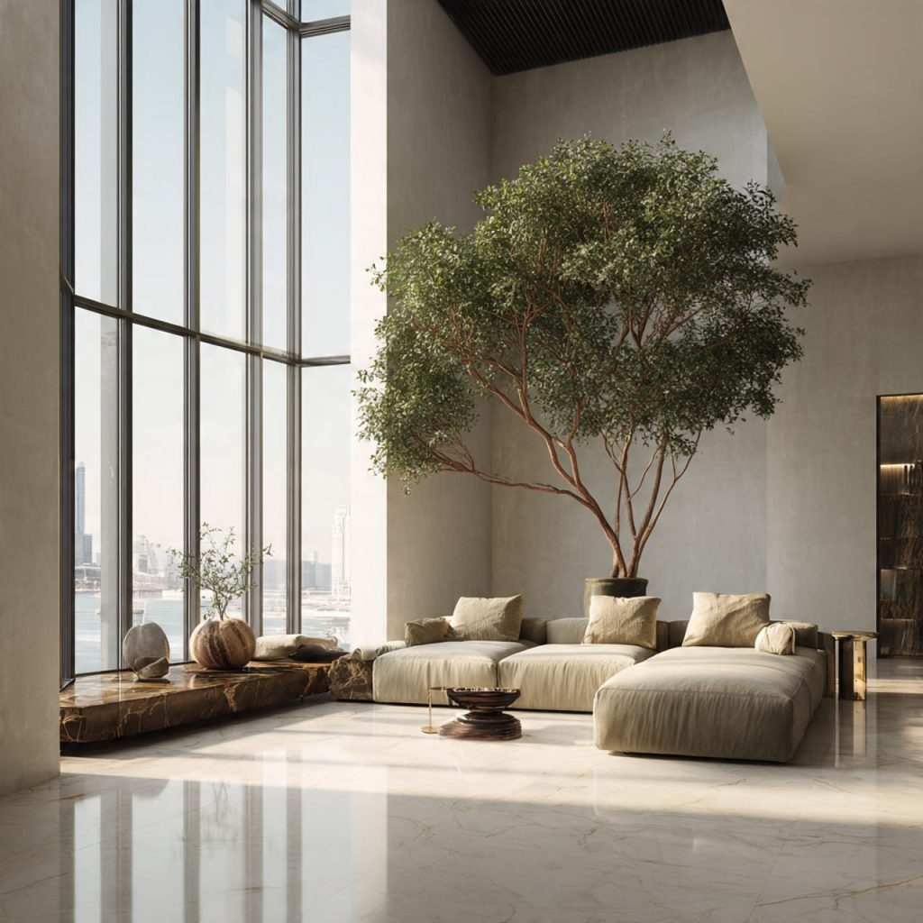 Statement indoor tree in a luxury penthouse living room with minimalist high-end design