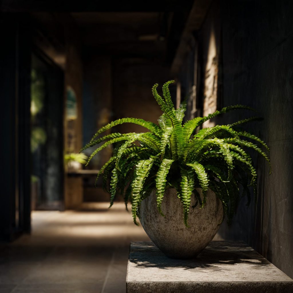 Cobra fern with glossy curved leaves styled on a stone pedestal in a luxury interior hallway