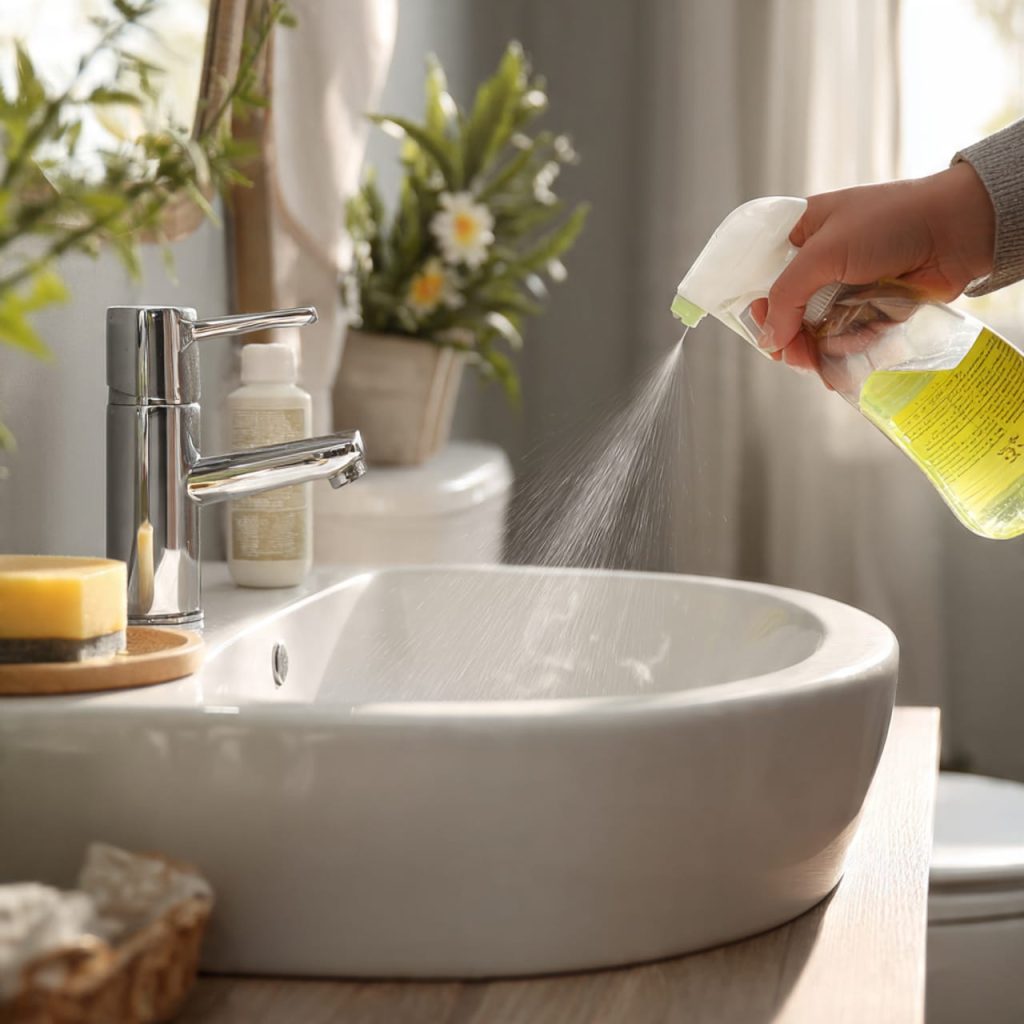 Quick toilet and sink cleaning during fast bathroom cleaning routine