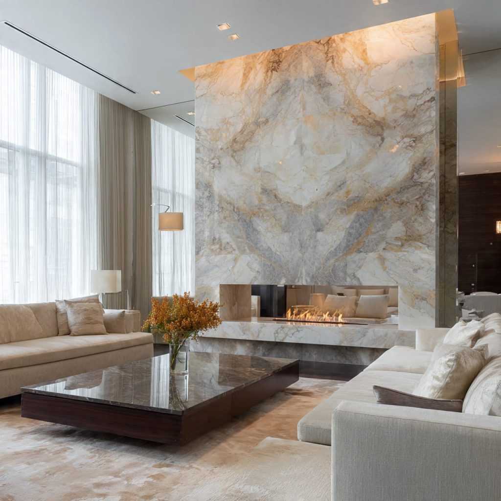 Detailed marble edge profiling on fireplace and window sill emphasizing craftsmanship and finish