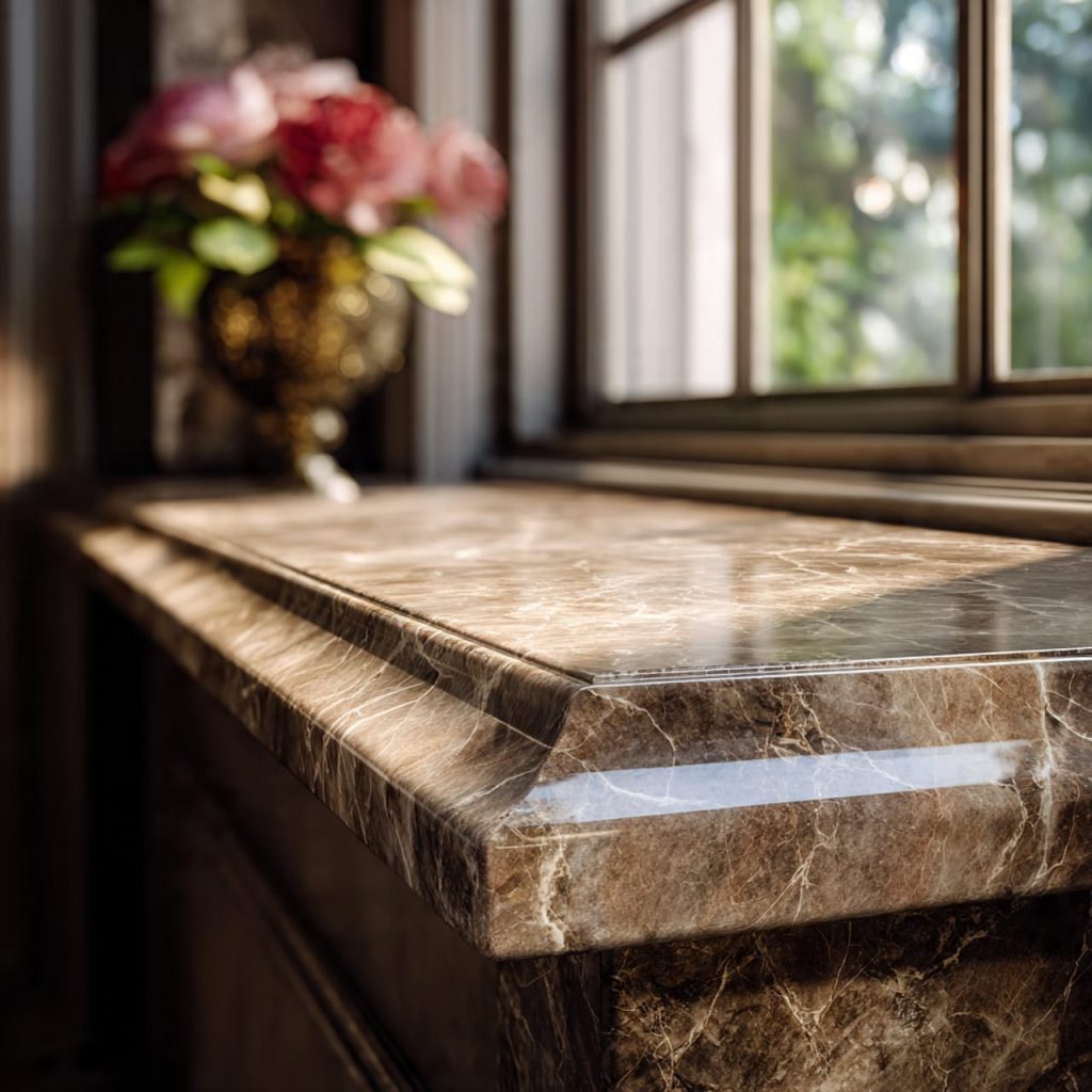 Detailed marble fireplace and window sill showcasing bespoke edge profiling craftsmanship