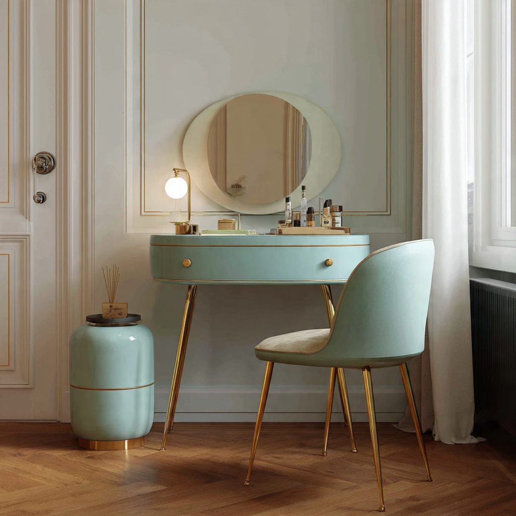Neo-retro vanity with rounded silhouette, pastel colors and matte gold legs in a stylish small bedroom interior