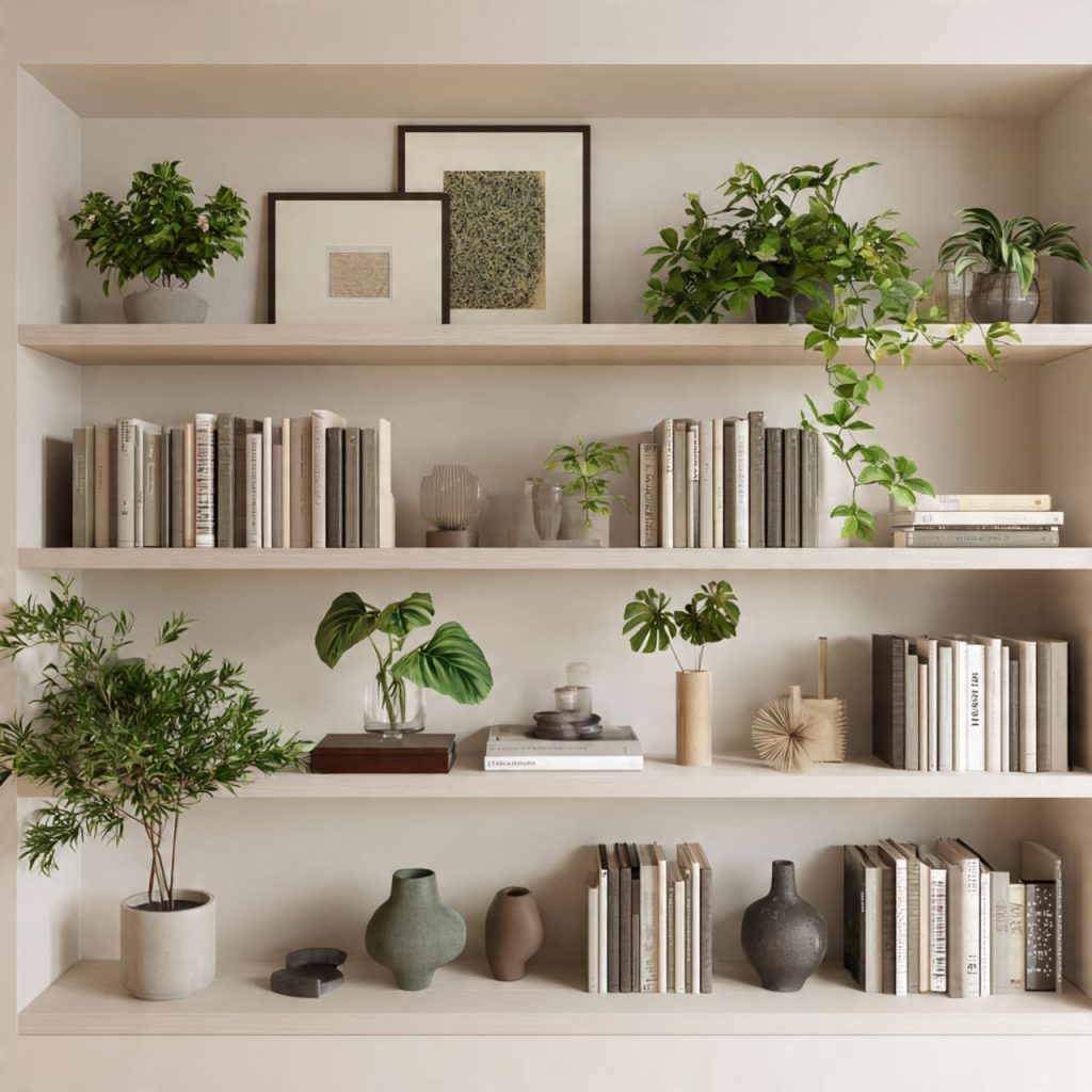 Bookshelf styled with indoor plants in a curated luxury penthouse interior