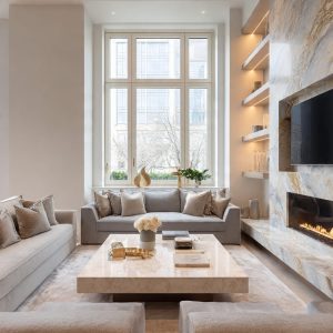 Modern marble design ideas for window sills and fireplaces in an elegant living room with balanced proportions and warm natural light