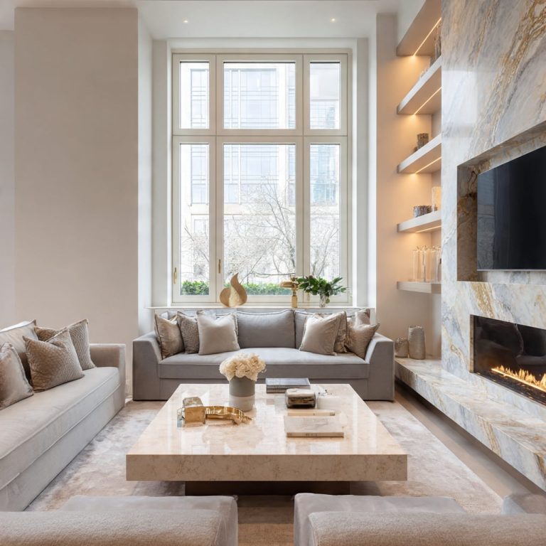 Modern marble design ideas for window sills and fireplaces in an elegant living room with balanced proportions and warm natural light