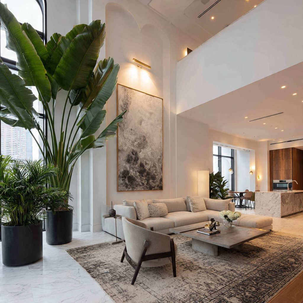 Large foliage plants adding scale and drama to a luxury penthouse interior