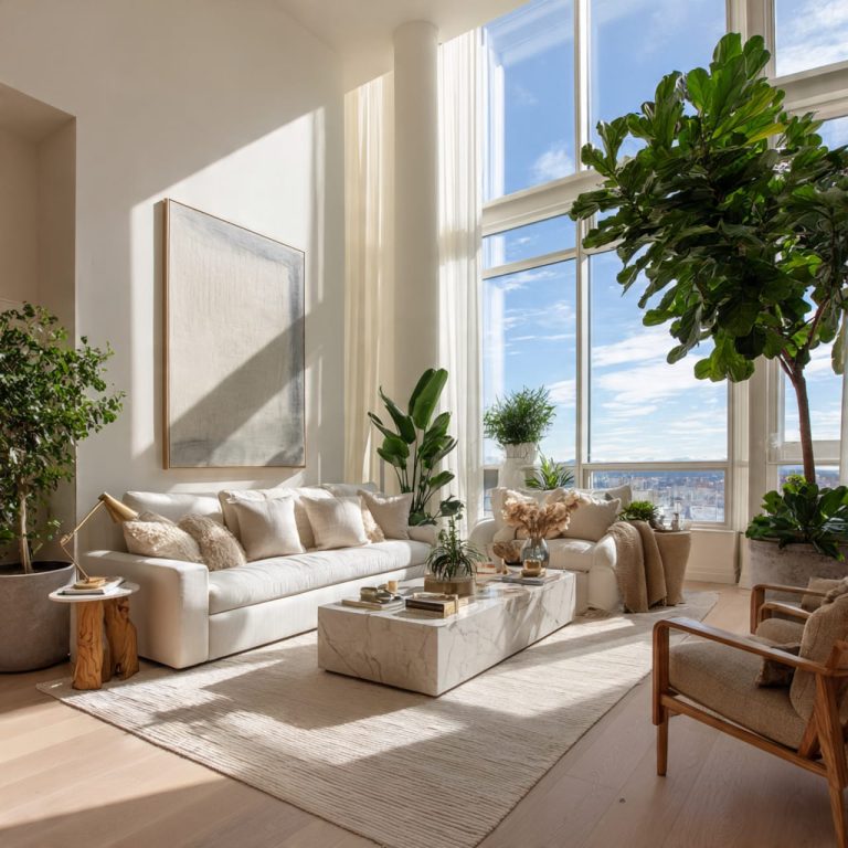 Bright luxury penthouse living room with fresh green indoor plants, natural light, and elegant minimalist design