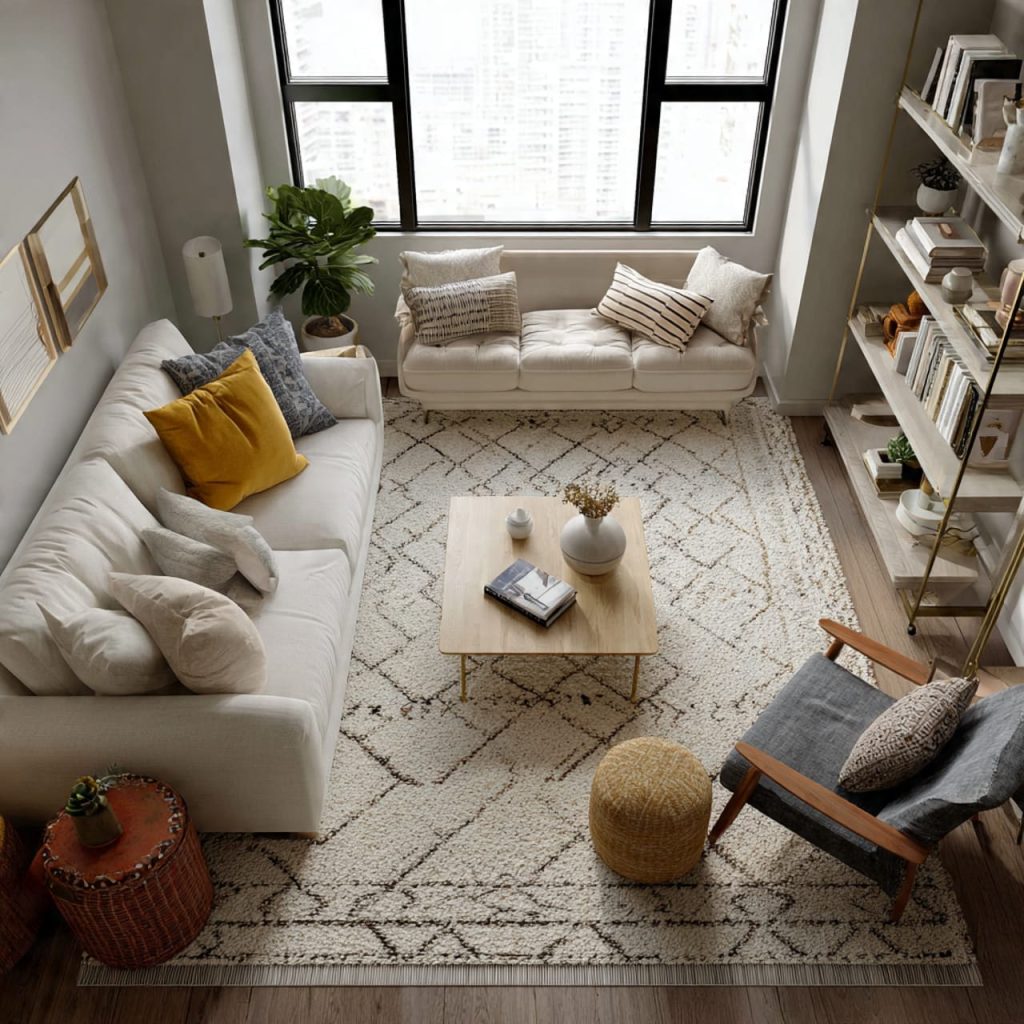 undersized rug creating a floating island effect in a small living room