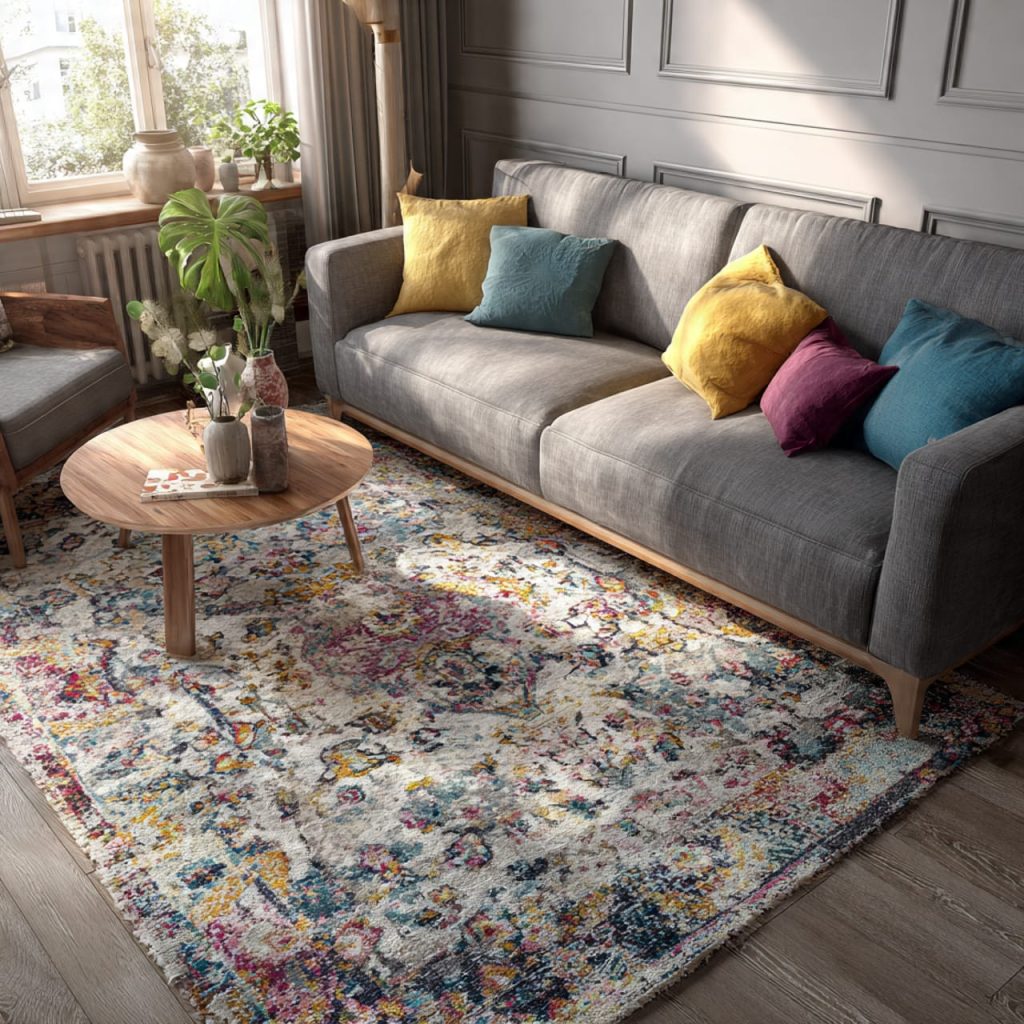 oversized rug creating seamless space in a small living room