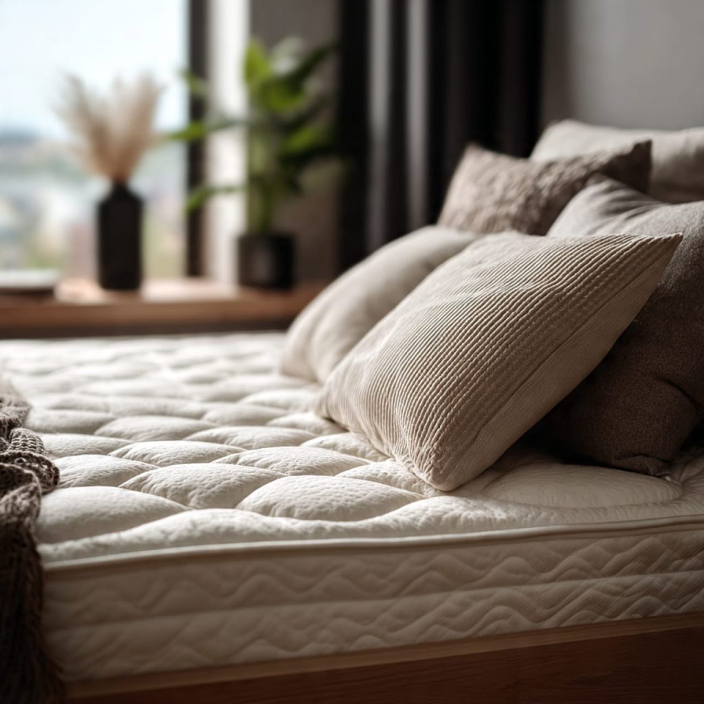 Close-up of a premium latex mattress with ergonomic pillows and high-thread-count sheets, highlighting luxury bedroom comfort and spinal support.