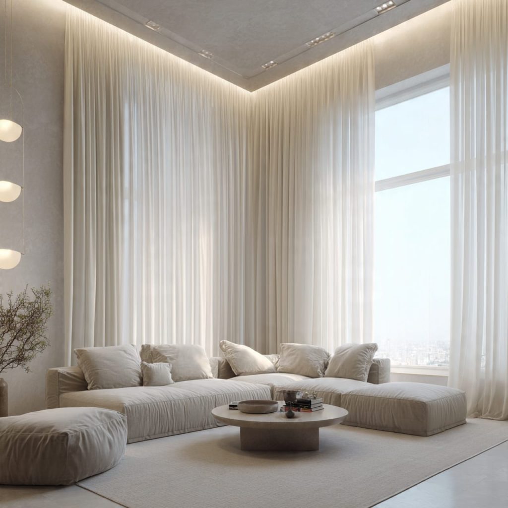 Ceiling-mounted full-wall curtains creating a taller and wider look in a small modern living room