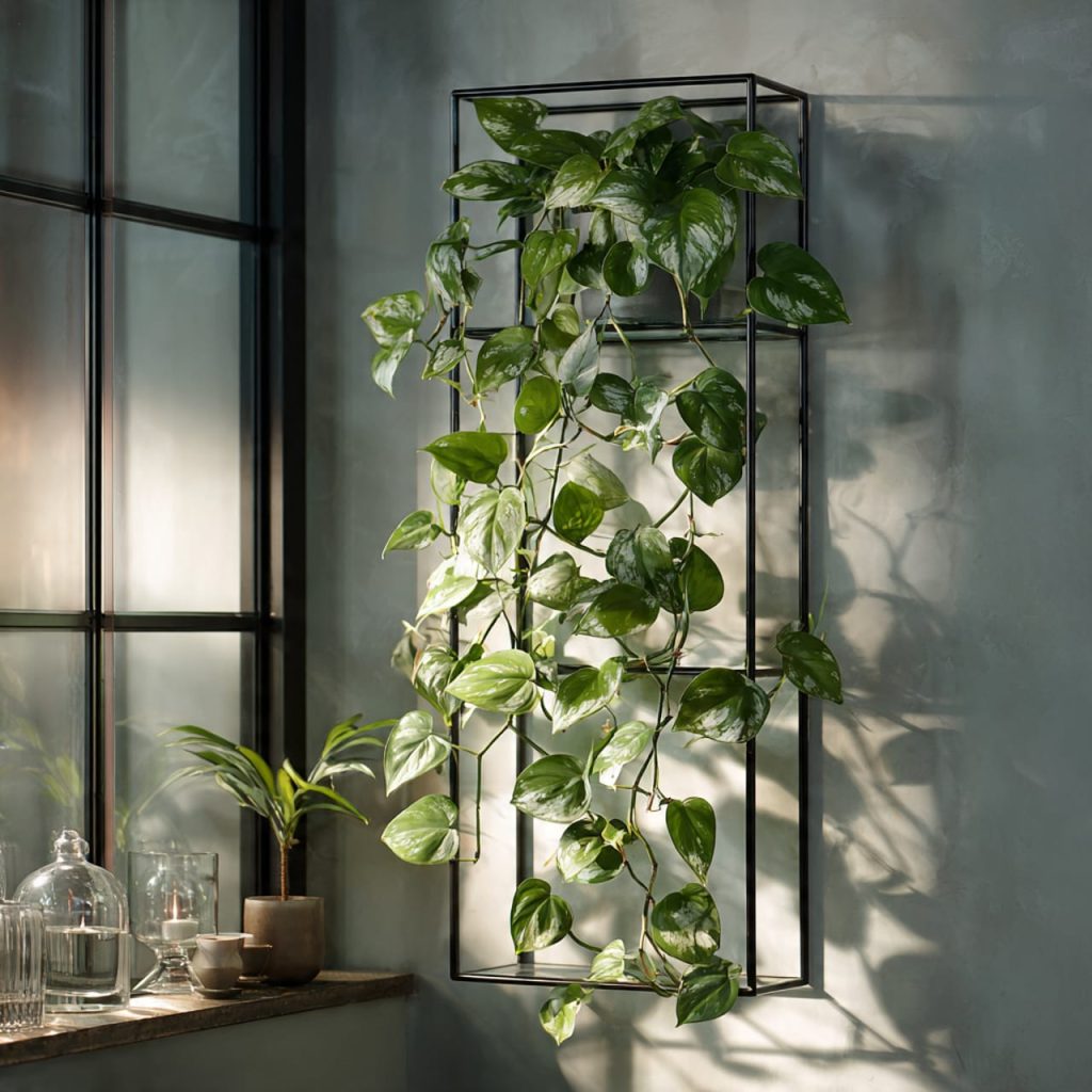 Silver Sword Philodendron with metallic silver leaves climbing a modern trellis in a luxury apartment
