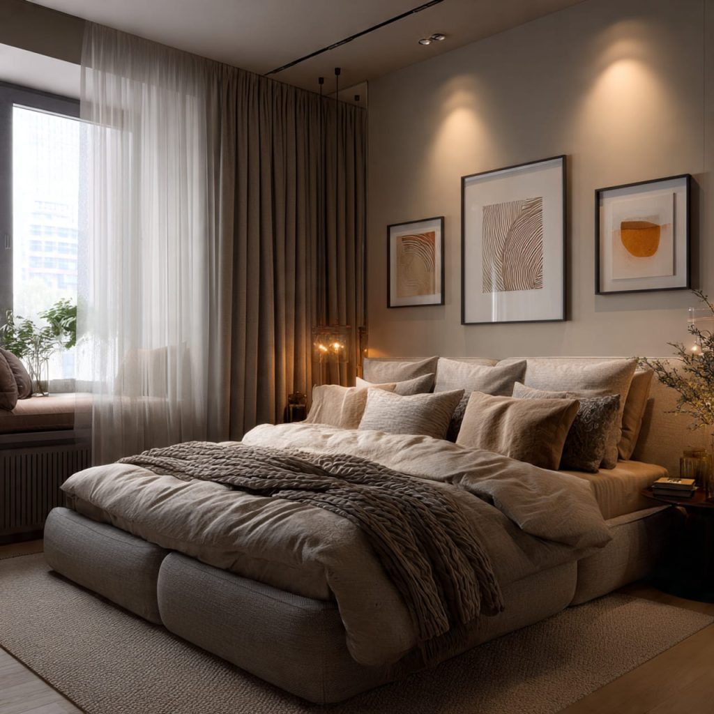 Cozy small bedroom ideas using warm neutral color palettes to create a comfortable space