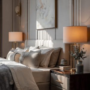 Stack of high-end Egyptian cotton and Cashmere bedding in neutral tones, showcasing soft textures and elegant comfort in a modern bedroom.