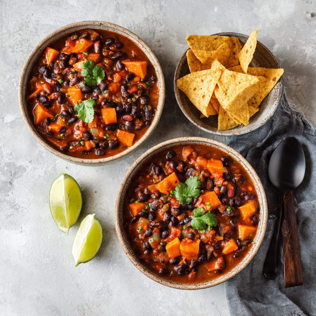 Vegan chili with black beans and sweet potatoes styled in a bowl with natural light