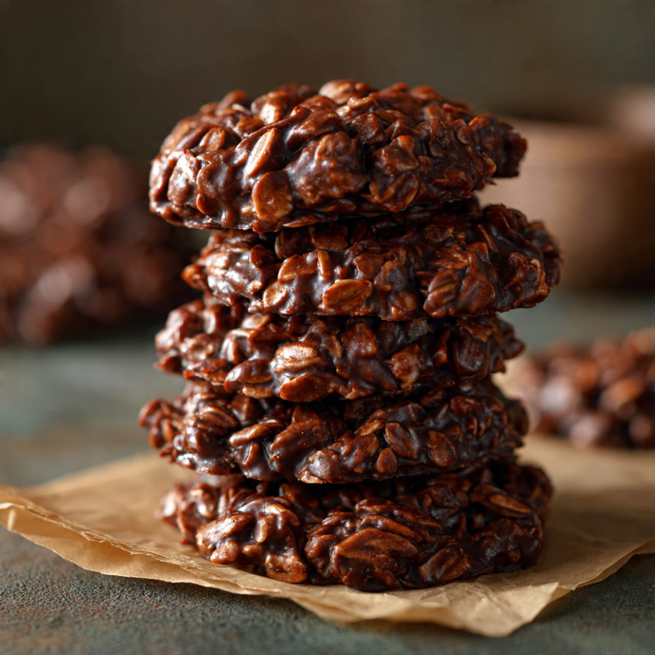 No-bake chocolate peanut butter oatmeal cookies stacked on parchment paper with a rich fudgy texture and chewy oats, easy no oven cookie recipe