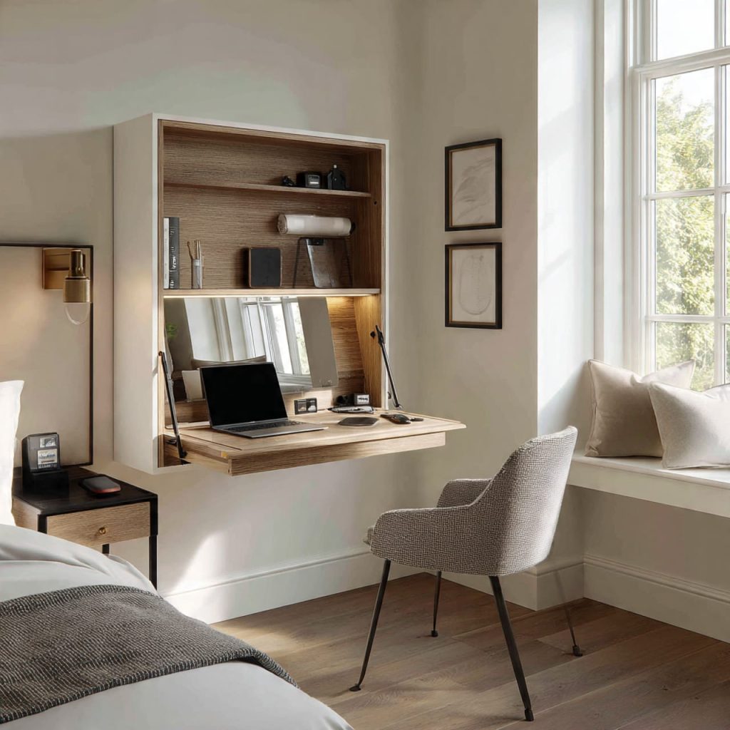 Flip-top vanity desk in a small bedroom that converts from a workspace to a makeup station with hidden mirror and storage