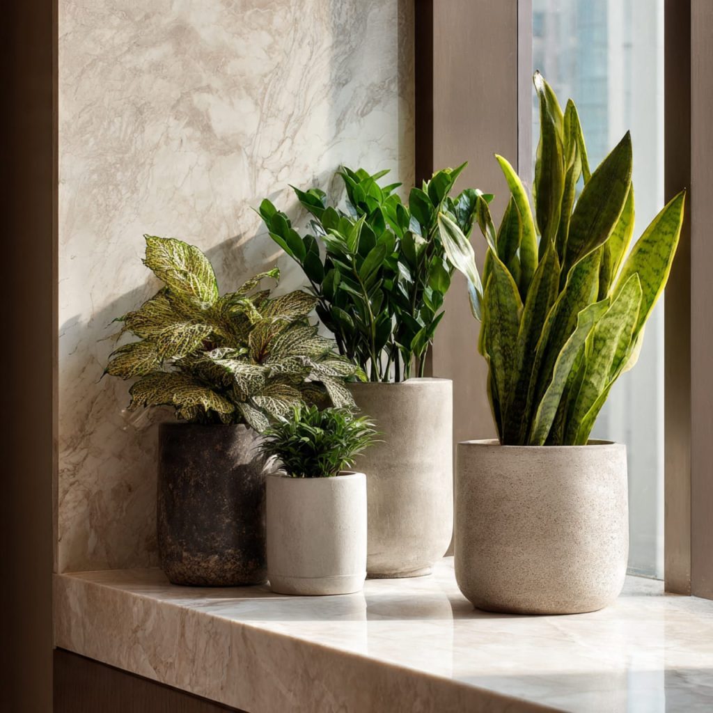 High-end planters elevating indoor plants in a luxury penthouse interior