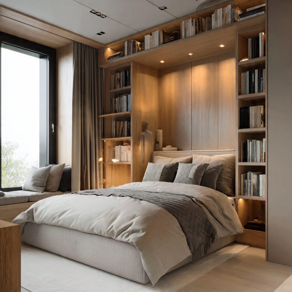 modern layout ideas for small bedrooms with integrated headboard and storage