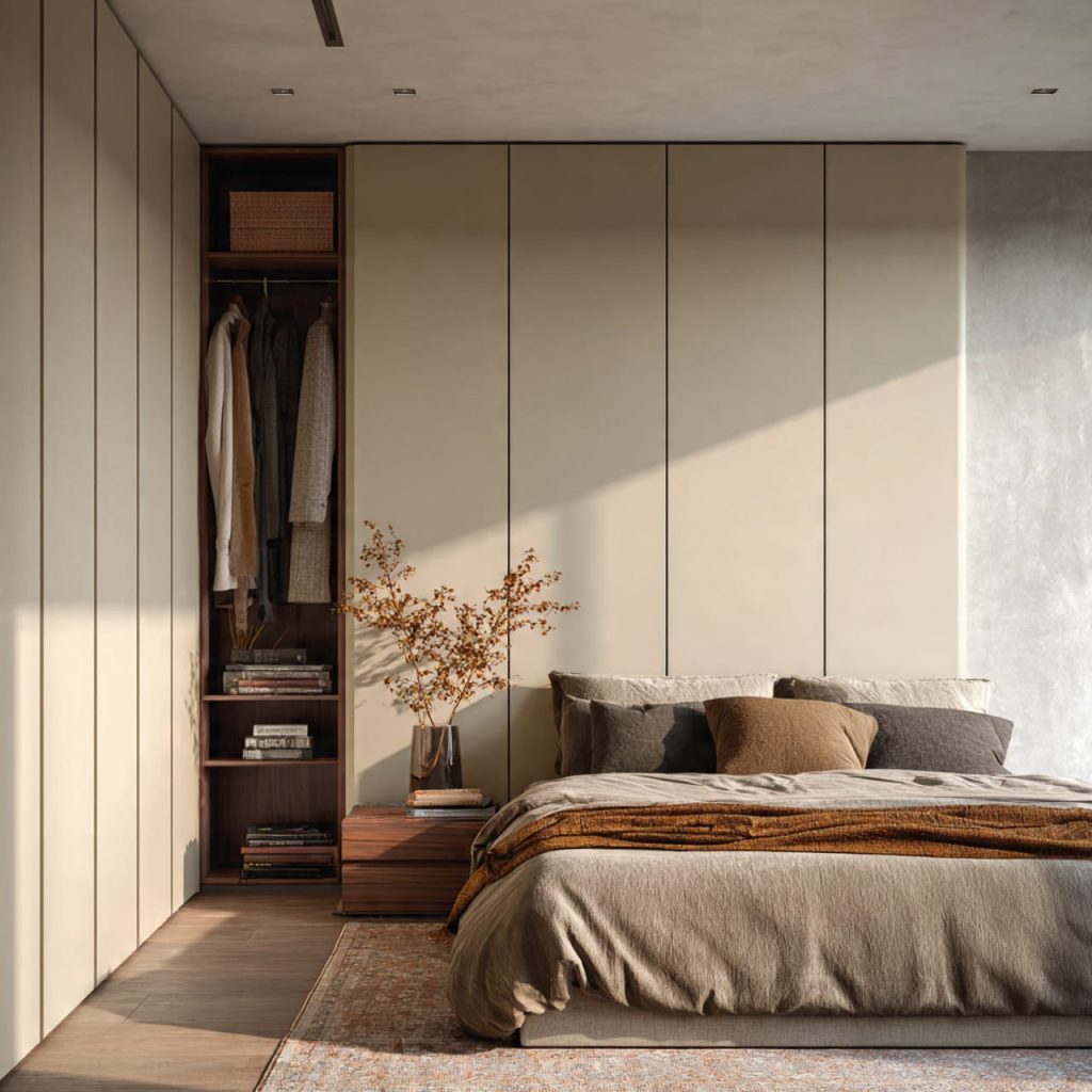 modern wardrobe design bedroom with built-in ceiling-high cabinets