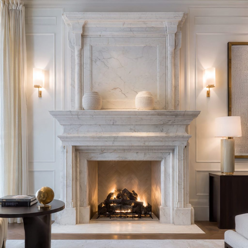 Reimagined classic marble fireplace mantel blending traditional elegance with modern design