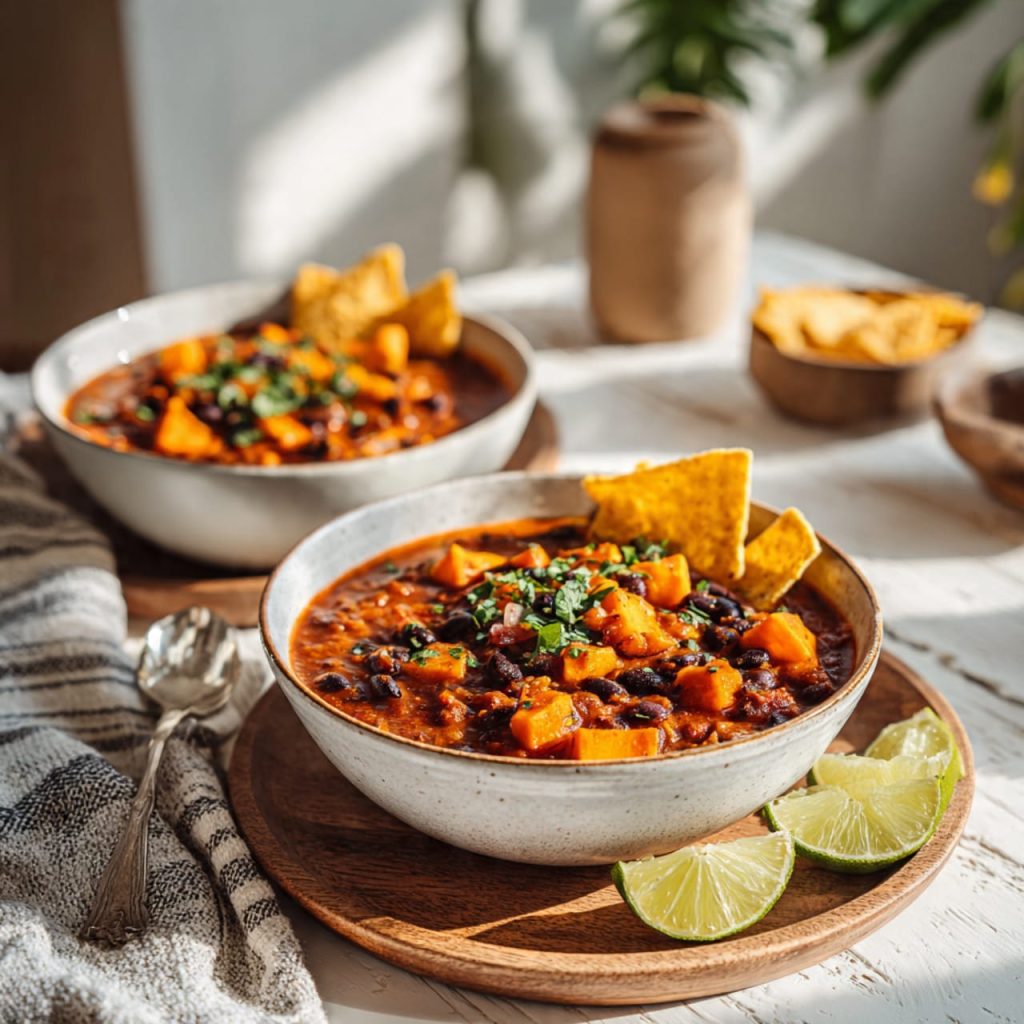 Vegan chili with black beans and sweet potatoes served with tortilla chips