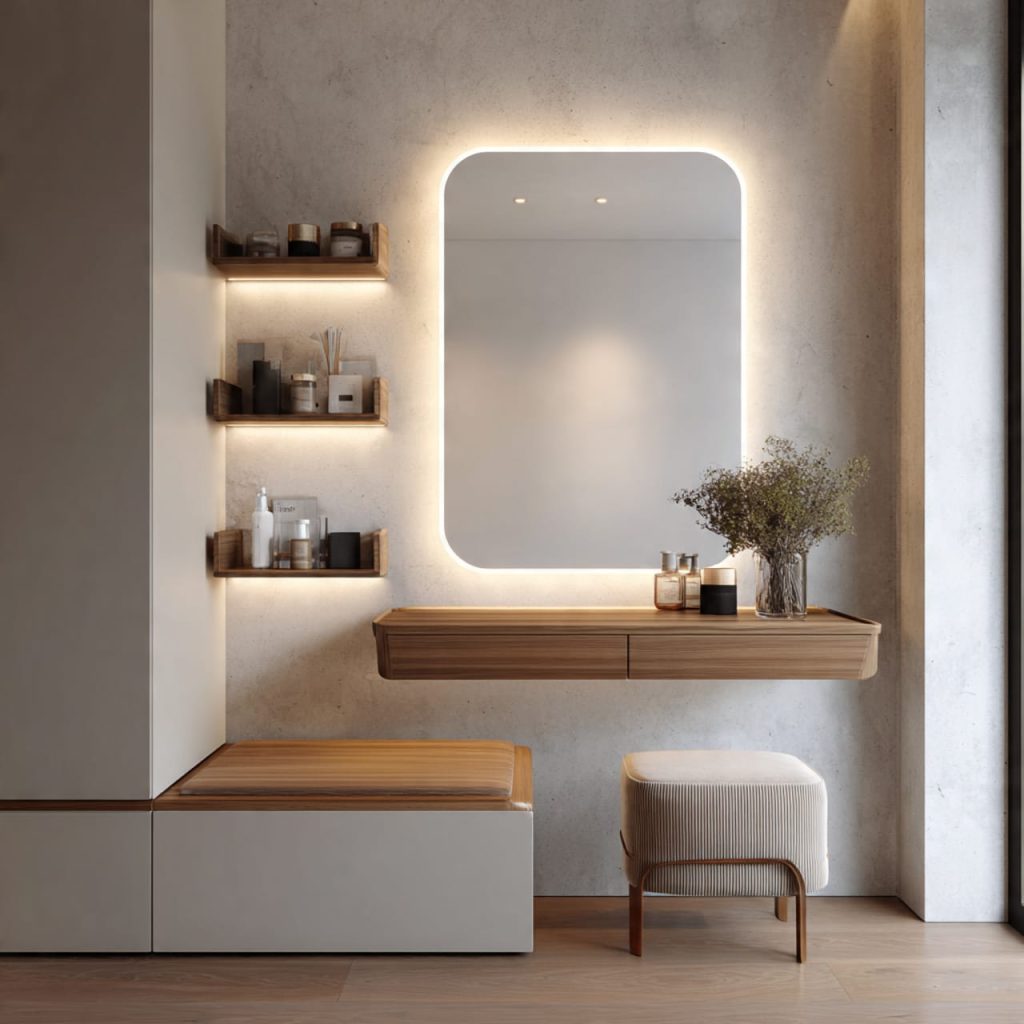modern bedroom interior design with floating night stand and vanity desk