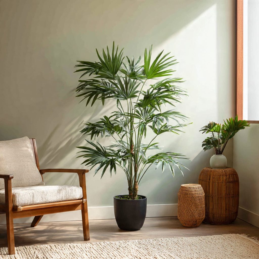 Lady Palm with fan-shaped leaves creating a natural screen in a luxury living room