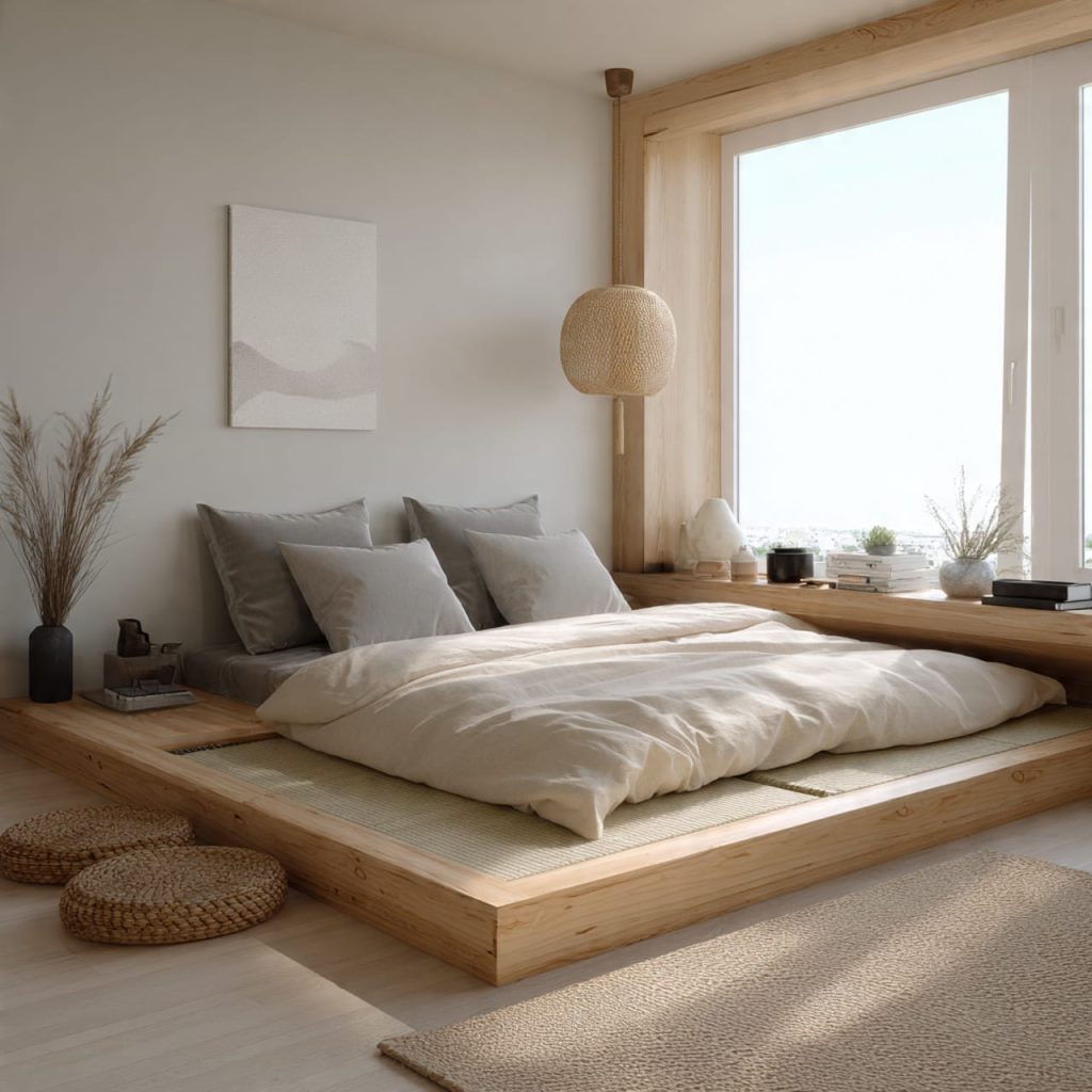 Minimalist small bedroom ideas with Japanese-style low platform bed and natural materials