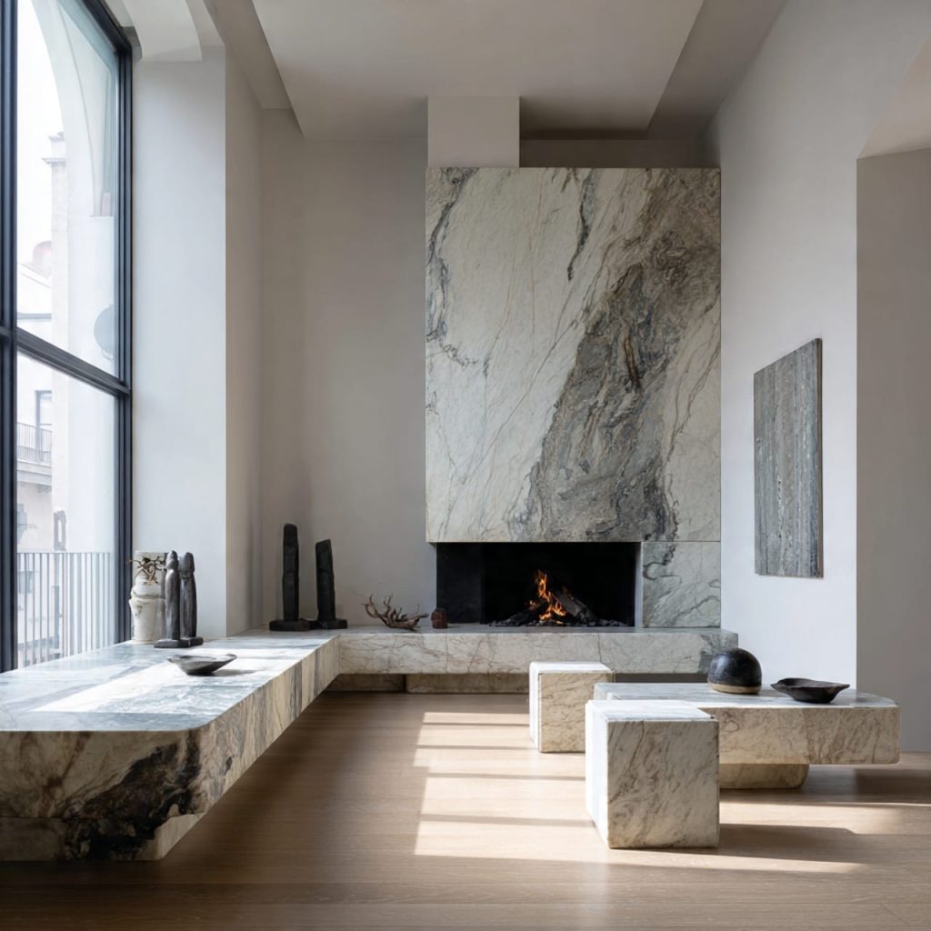 Monolithic marble fireplace hearth acting as a sculptural architectural center piece