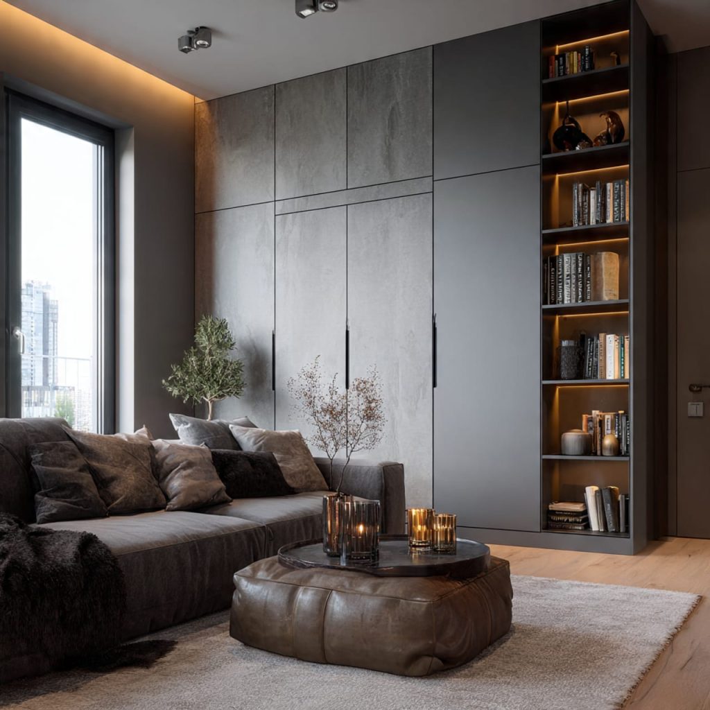 Handle-less wall cabinets blending into walls for invisible storage in a small luxury living room