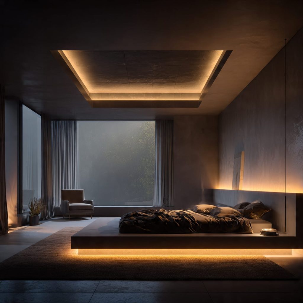 Luxurious modern bedroom at night with soft 2700K cove lighting and under-bed LED glow, creating a relaxing ambiance with smart lighting.