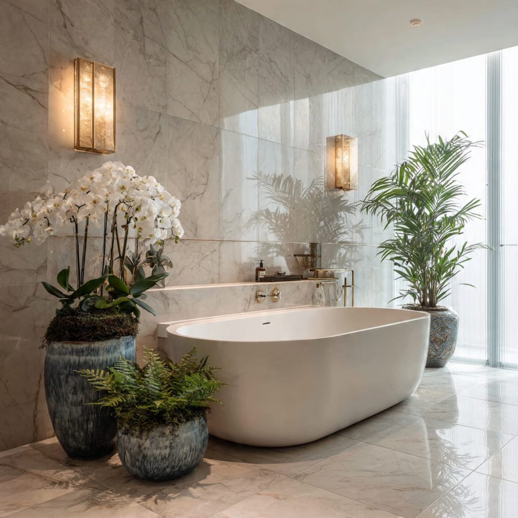 Luxury penthouse bathroom with indoor plants creating a spa-like atmosphere