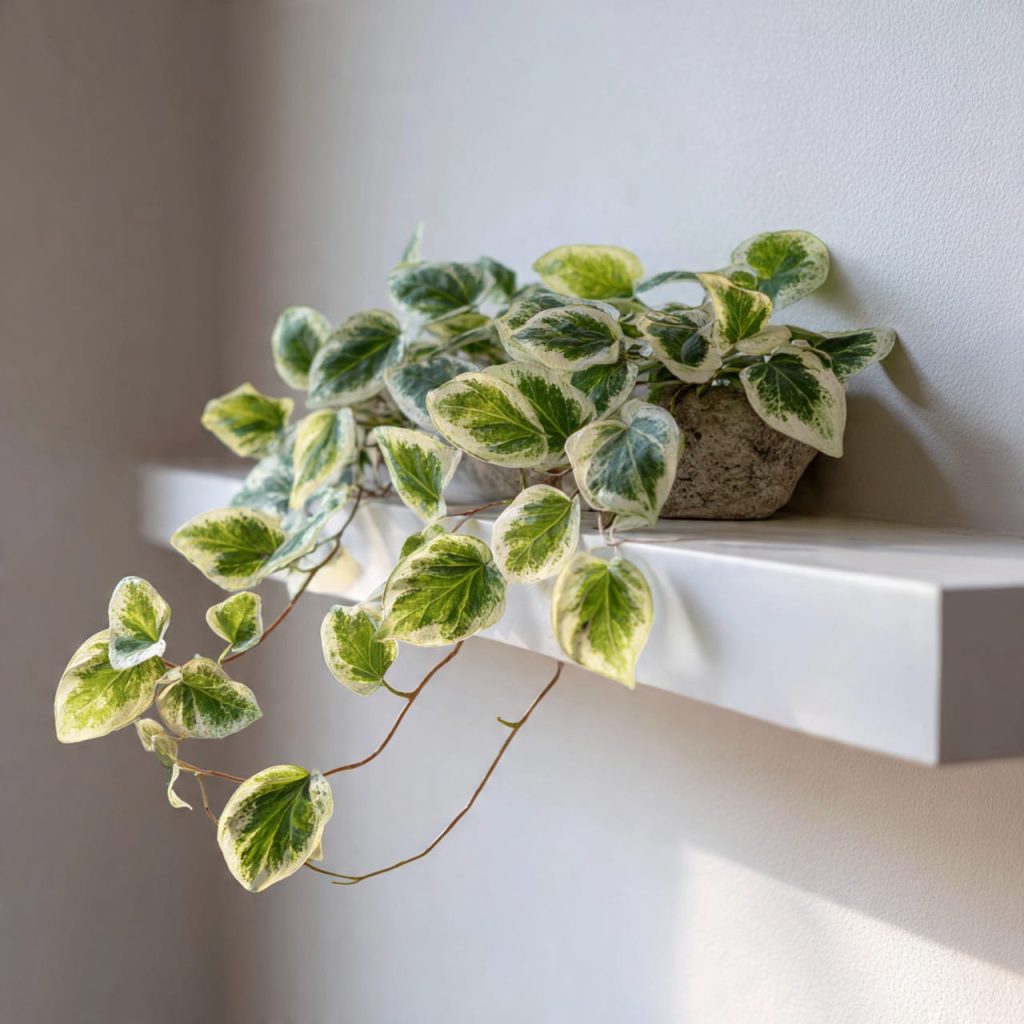 Syngonium Albo Variegata with white and green variegated leaves styled on a minimalist shelf