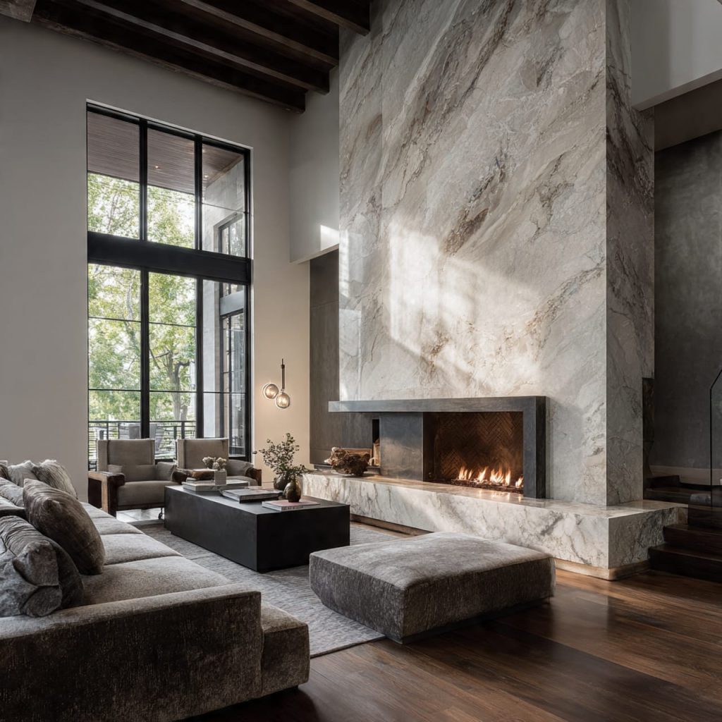 Marble fireplace design enhanced by contrasting textures such as stone, plaster, and wood