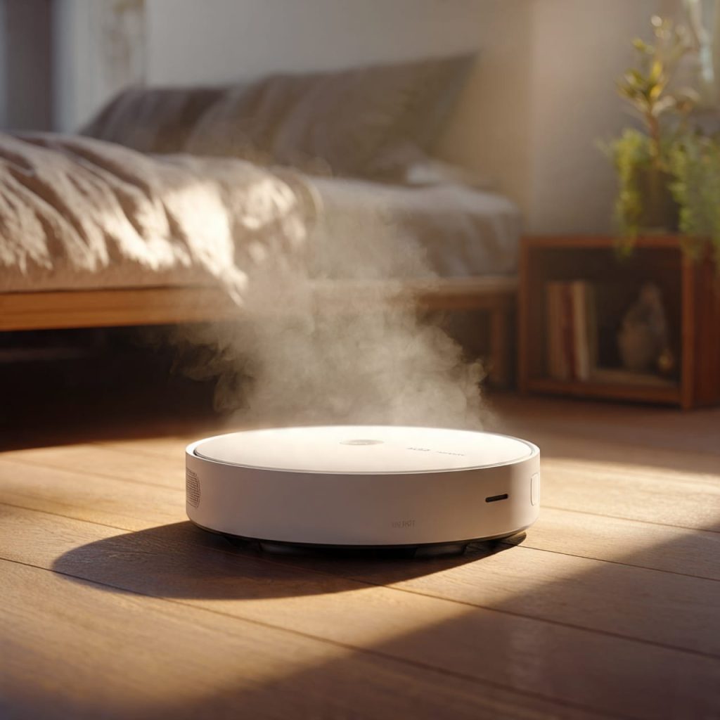 Sleek, minimalist HEPA air purifier and humidifier in a modern bedroom, emphasizing clean air and health technology.