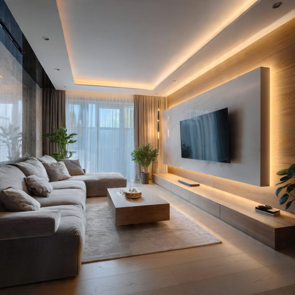 Hidden LED ambient lighting creating depth and warmth in a small modern living room