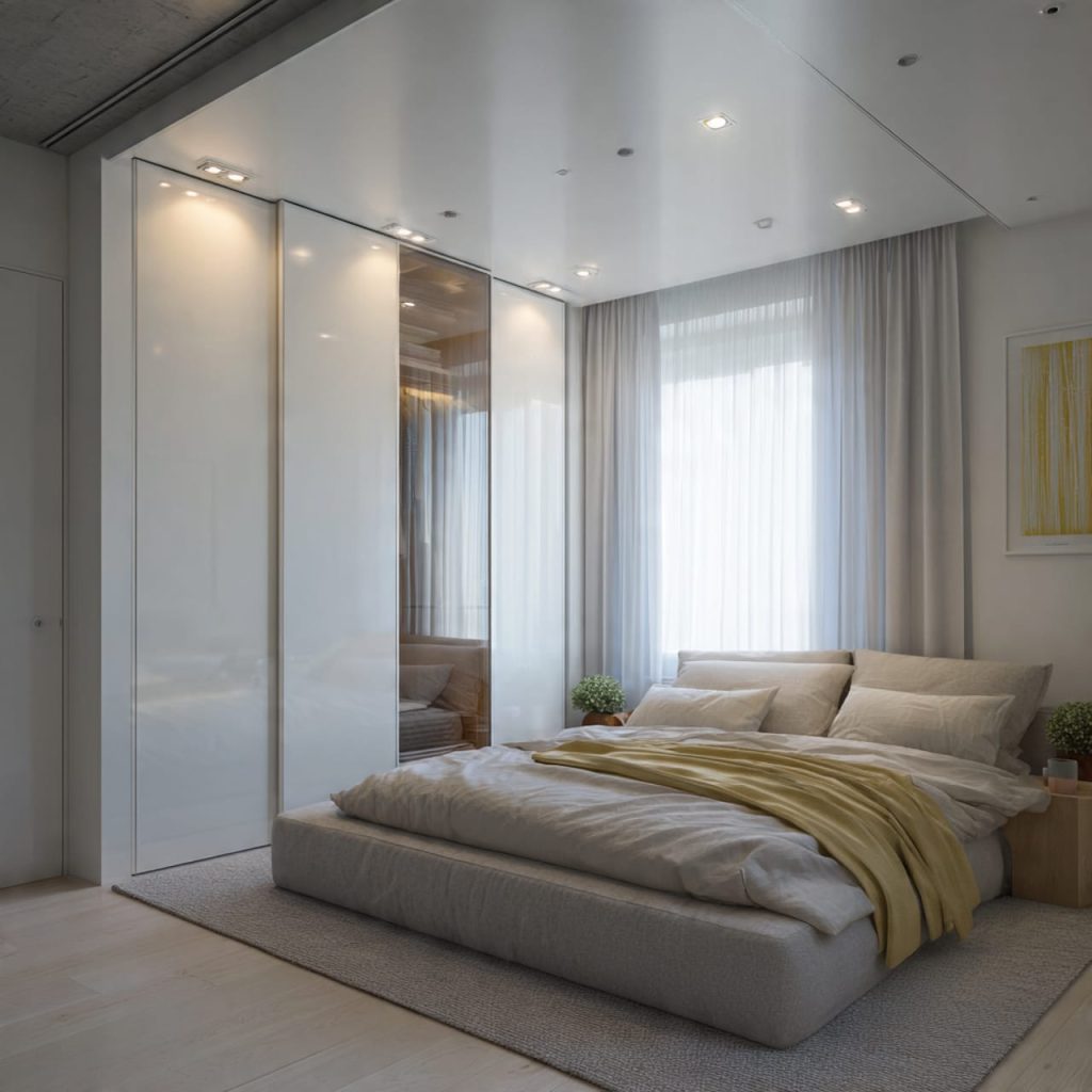 modern layout ideas for small bedrooms with wardrobe running along one wall