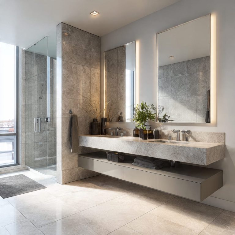 modern bathroom with a fresh and airy feel, marble or ceramic surfaces