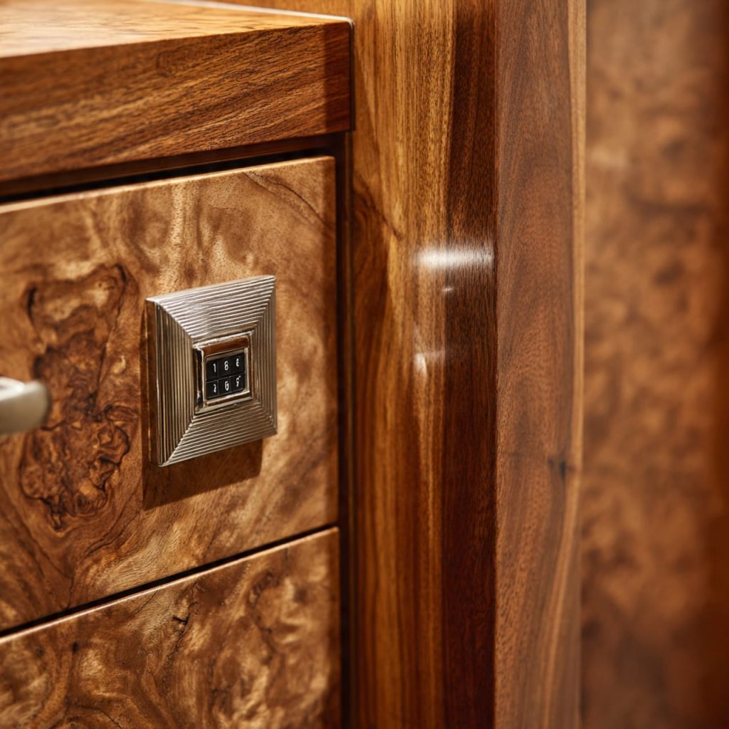 Hidden safe discreetly integrated into a wooden bedroom cabinet, showing advanced security for luxury bedroom essentials.