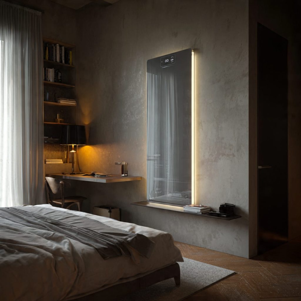 Wall-mounted smart mirror with digital display and ambient lighting above a slim vanity shelf in a modern bedroom