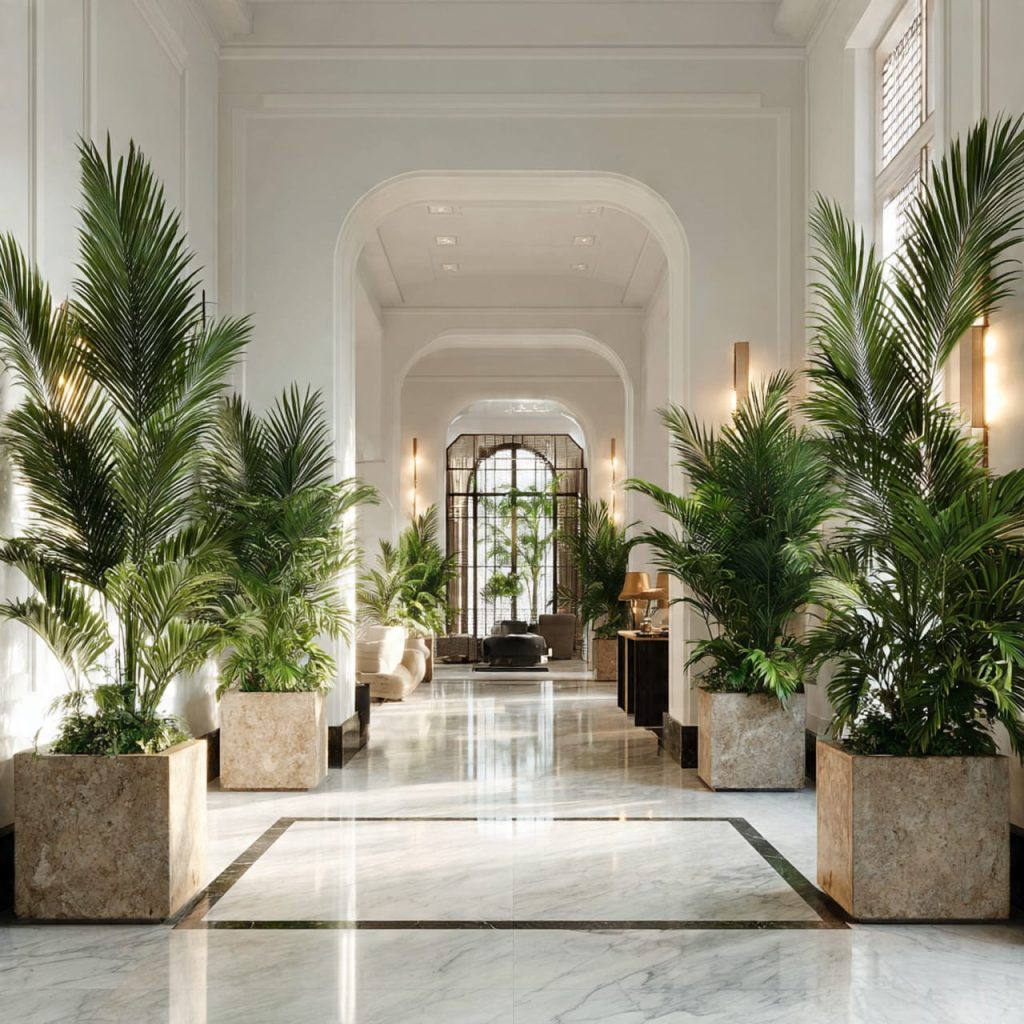Symmetrical indoor plants creating a grand and luxurious penthouse interior