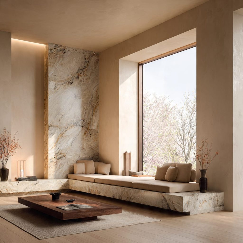 Japandi-inspired marble window sill design with thick floating slab and soft natural light