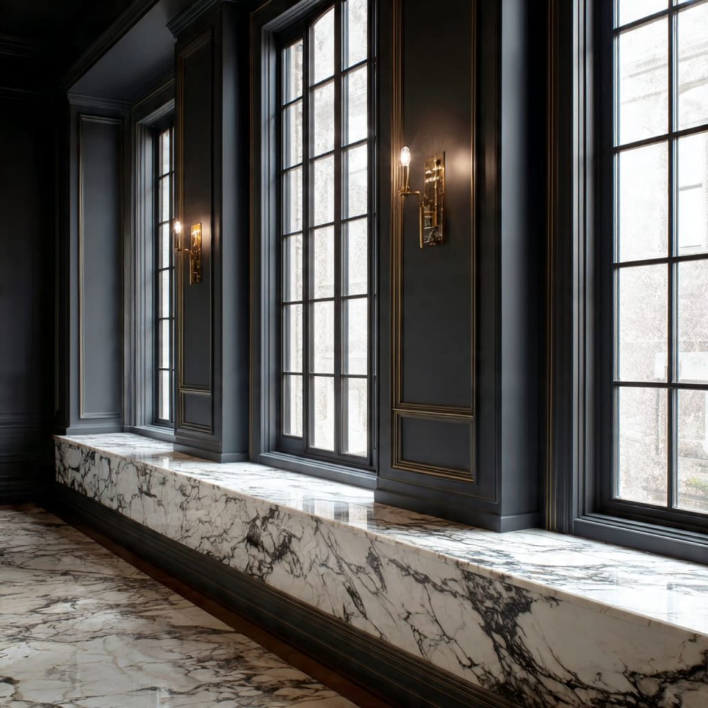 White marble window sills contrasted with dark walls for a bold and elegant interior look