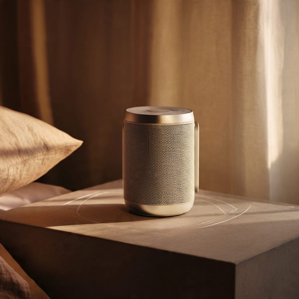 A stylish cylindrical wireless speaker on a nightstand, representing premium audio as a key luxury bedroom essential.