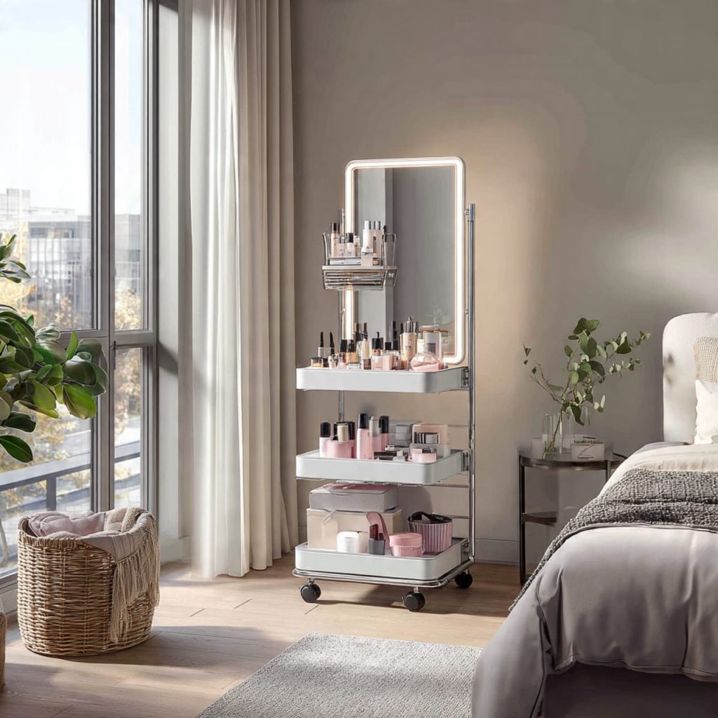 Mobile vanity cart with wheels and folding mirror placed near a bedroom window, offering flexibility in small living spaces
