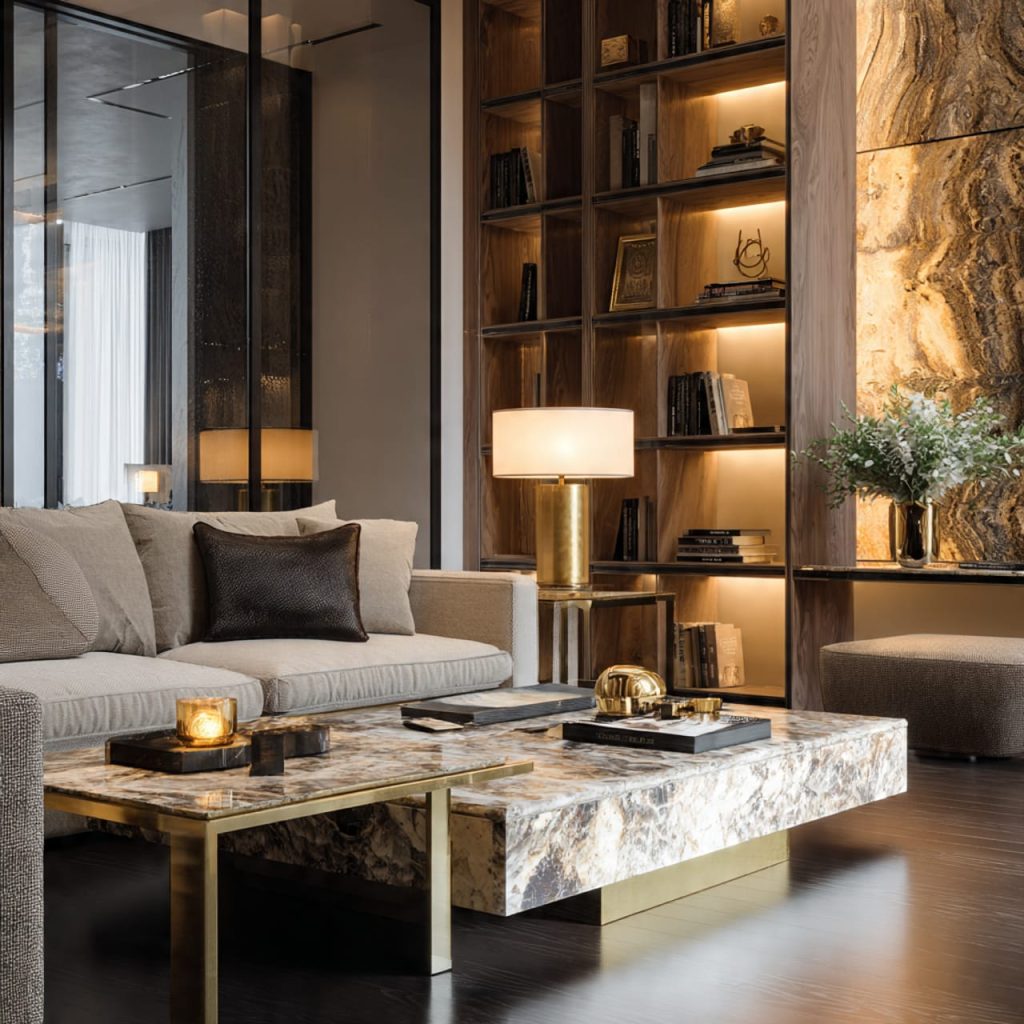 Small modern luxury living room using material echoing with marble and brass details for cohesive high-end design