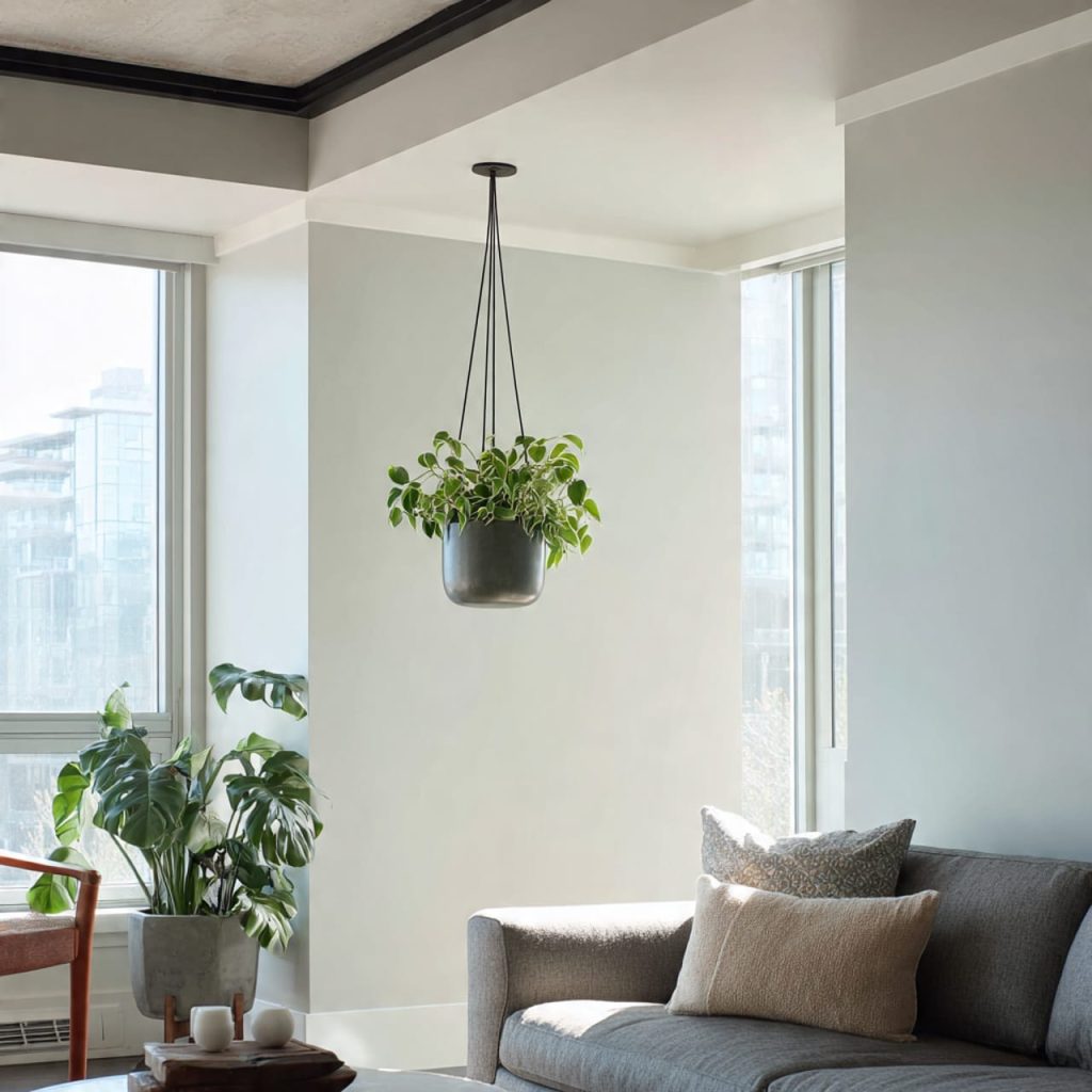 Minimalist hanging plant enhancing vertical space in a luxury penthouse living room